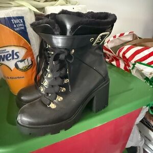 Black Heeled Ankle Boots with Gold Accents